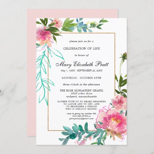 Dusty Blush Pink Floral Celebration of Life Invita Invitation