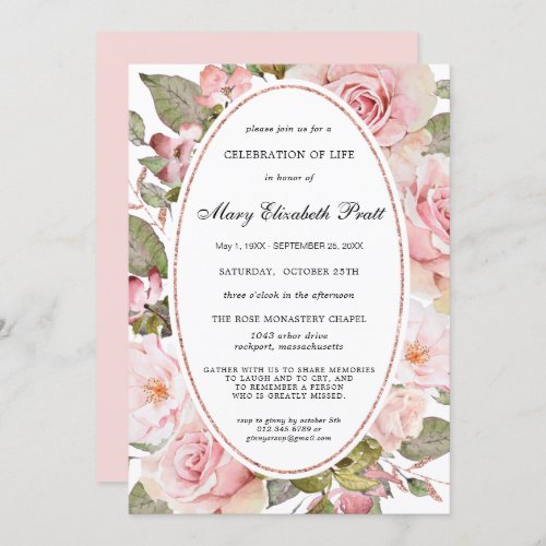 Dusty Blush Pink Floral Celebration of Life Invita Invitation