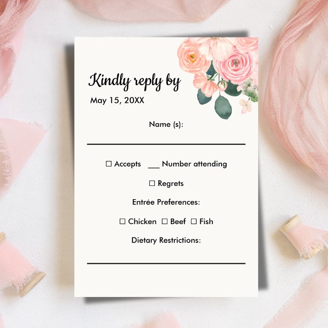 Dusty Blush Pink Floral Meal Choice RSVP Card (Dusty Blush Pink Floral Meal Choice RSVP Card)