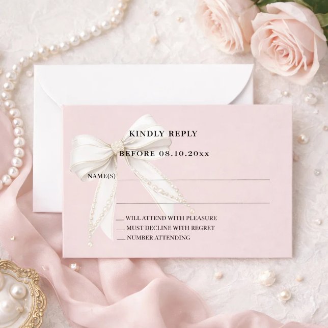 Dusty blush pink ivory bow response RSVP Note Card (Creator Uploaded)