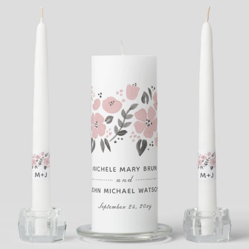 Dusty Blush Pink Pretty Floral Modern Folk Wedding Unity Candle Set