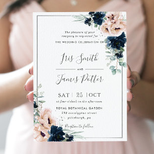 Dusty Blush Poppy Navy Floral Greenery Wedding Invitation
