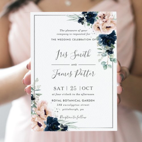 Dusty Blush Poppy Navy Floral Greenery Wedding  Invitation