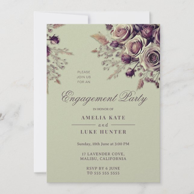 Dusty Blush Purple Boho Roses Engagement Party Invitation (Front)