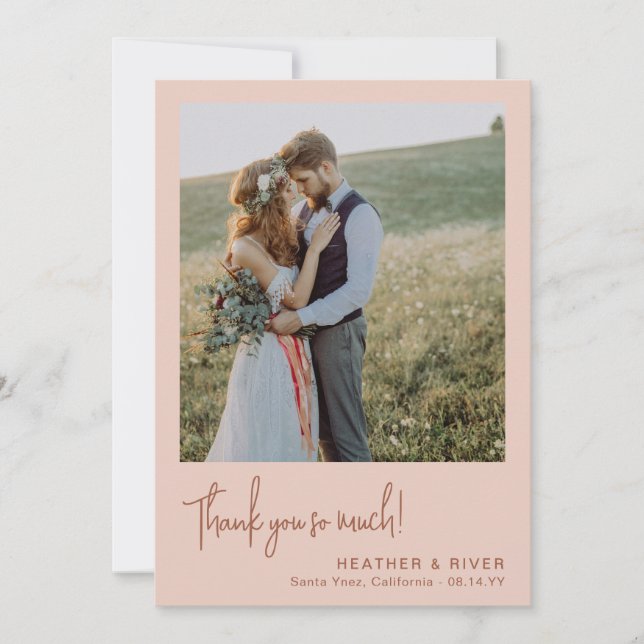 Dusty Blush Romantic Personalized Photo Wedding Thank You Card (Front)