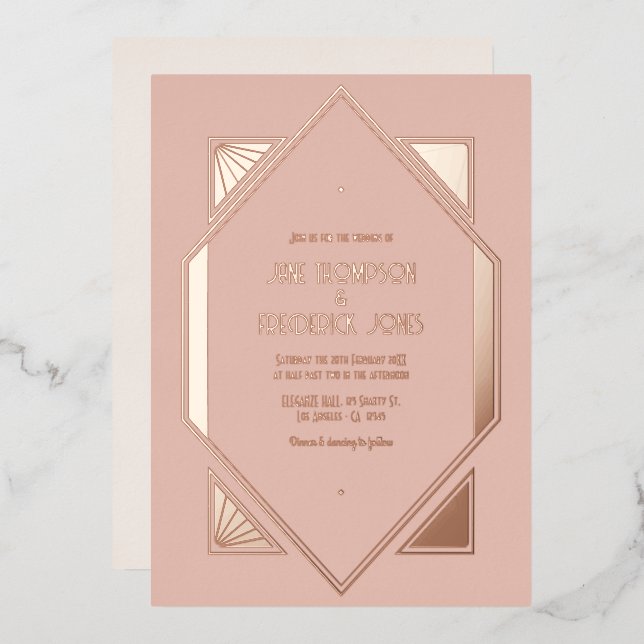 Dusty Blush & Rose Gold Gatsby Art Deco Wedding Foil Invitation (Front/Back)