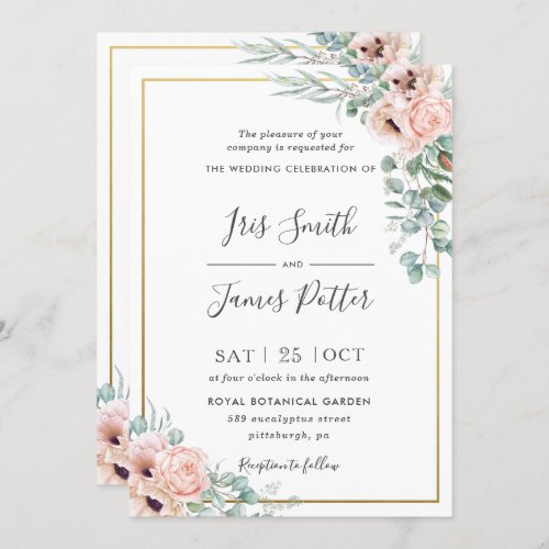 Dusty Blush Rose Poppy Floral Greenery Wedding  Invitation