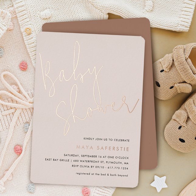 Dusty Blush Taupe Minimalist Script Baby Shower Foil Invitation (Dusty Blush Taupe Minimalist Script Baby Shower Foil Invitation)