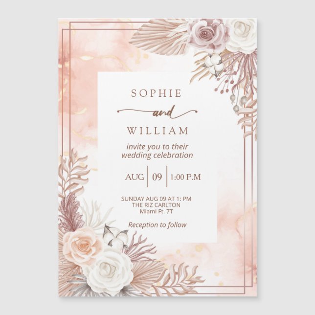 Dusty Boho Lignt pink roses wedding Magnetic Invitation (Front)