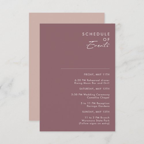 Dusty Boho  Purple and Rose Schedule of Events Enclosure Card
