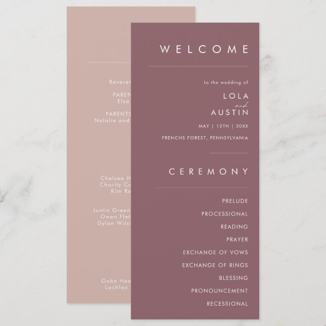 Dusty Boho | Rose and Purple Gold Wedding Program (Front/Back)