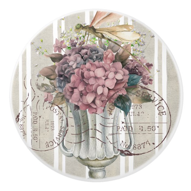 Dusty botanical artwork Stripes and stamps cute Ceramic Knob (Front)