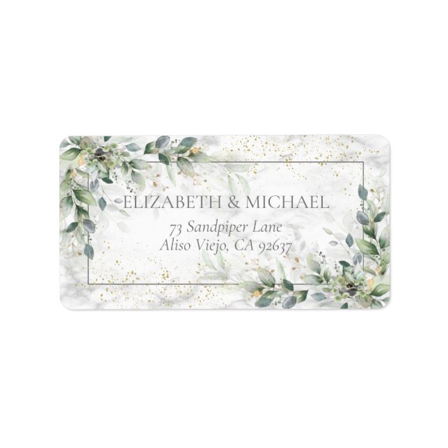 Dusty Botanical Greenery Gold Marble Address Label (Front)