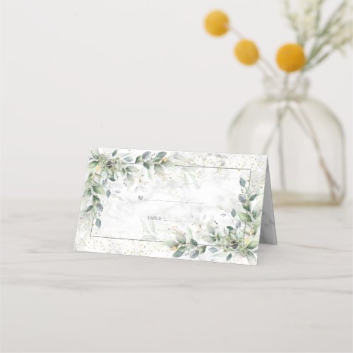 Dusty Botanical Greenery Gold Marble Place Card