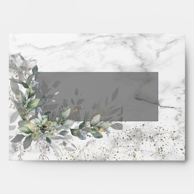 Dusty Botanical Greenery Gold Marble Wedding Envelope (Front)