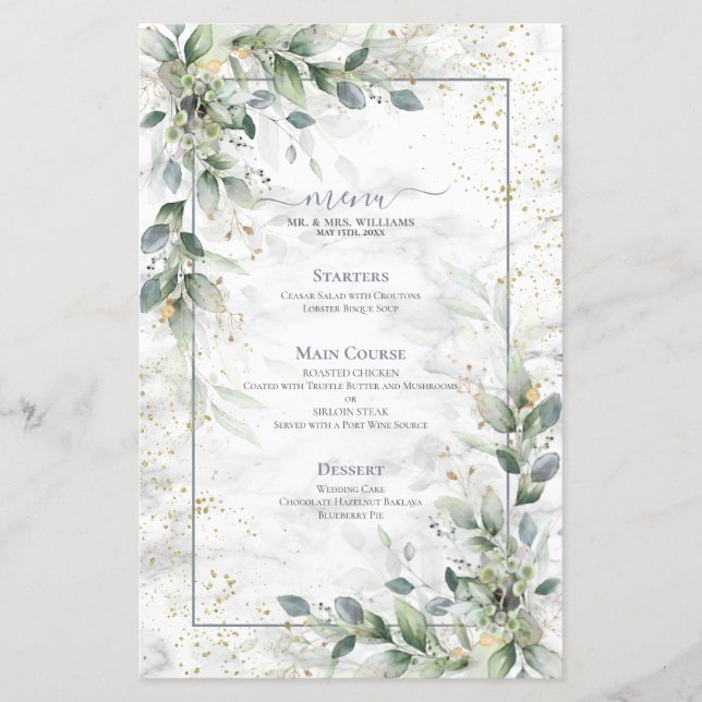 Dusty Botanical Greenery Gold Marble Wedding Menu (Front)