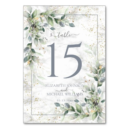 Dusty Botanical Greenery Gold Marble Wedding Table Number