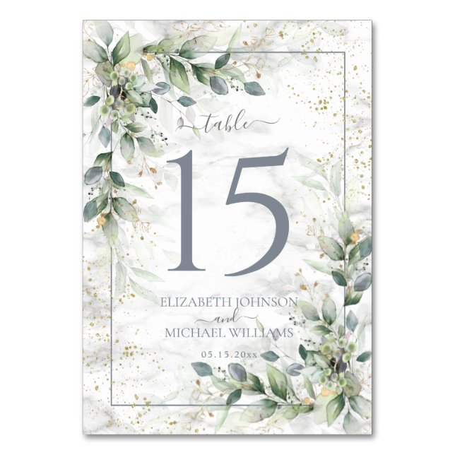 Dusty Botanical Greenery Gold Marble Wedding Table Number (Front)