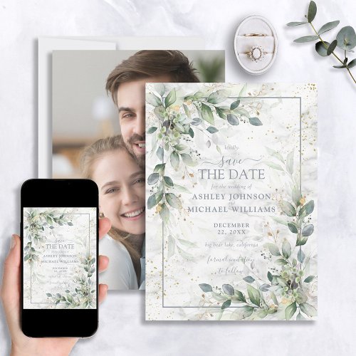Dusty Botanical Greenery Gold Photo Save the Date