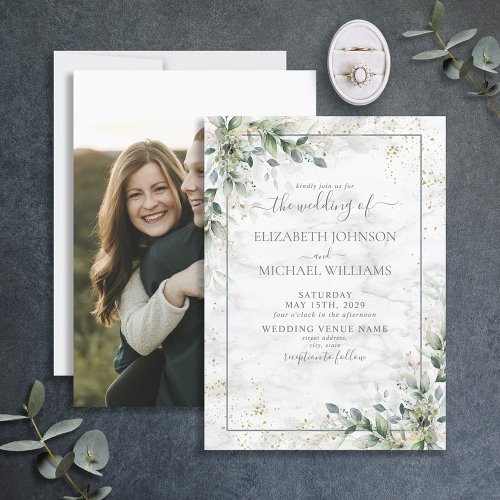 Dusty Botanical Greenery Gold Photo Wedding Invitation