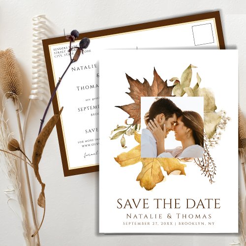 Dusty Brown Autumn Leaves Fall In Love Wedding Announcement Postcard