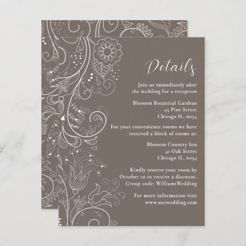 Dusty Brown Elegant Floral Wedding Details Enclosure Card