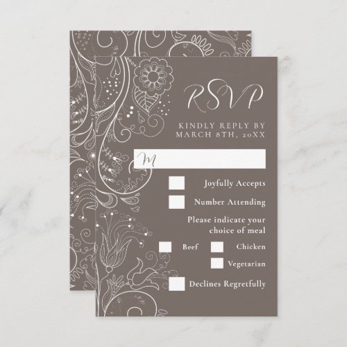Dusty Brown Elegant Floral Wedding Meal Choice RSVP Card