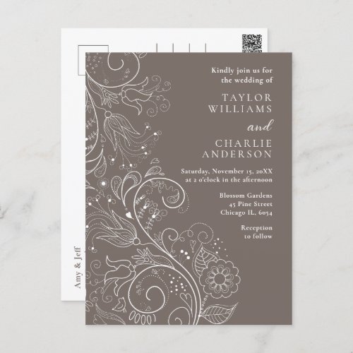 Dusty Brown Elegant Floral Wedding Postcard