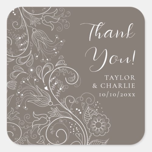 Dusty Brown Elegant Floral Wedding Thank You Square Sticker