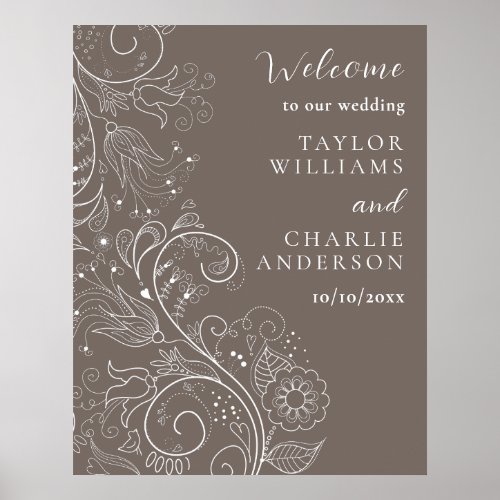 Dusty Brown Elegant Floral Wedding Welcome Poster