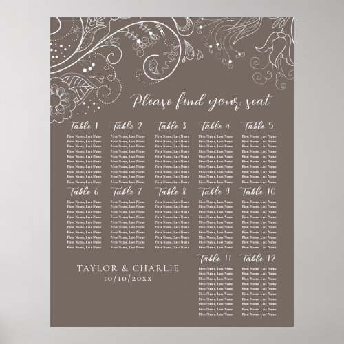 Dusty Brown Floral Wedding 12 Tables Seating Chart