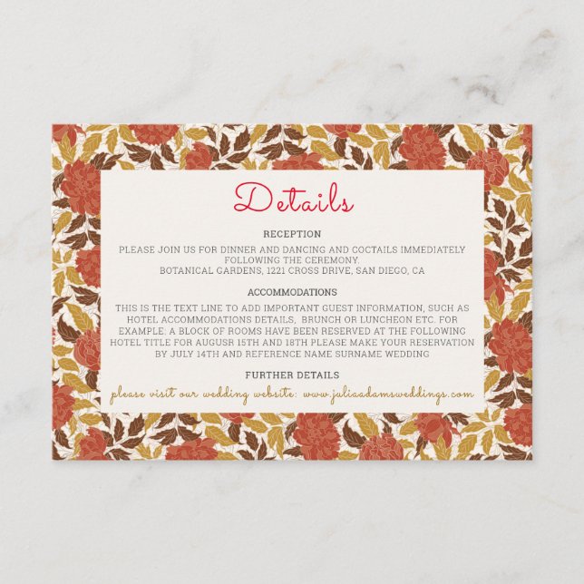 Dusty Brunt Orange Peony Flowers Fall Wedding Enclosure Card (Front)