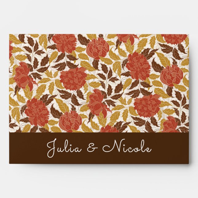 Dusty Brunt Orange Peony Flowers Fall Wedding Envelope (Front)