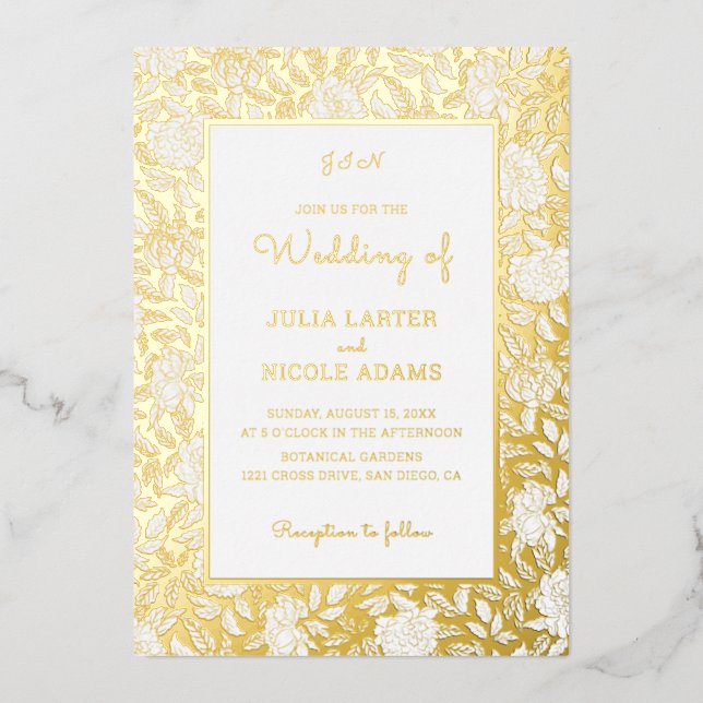 Dusty Brunt Orange Peony Flowers Fall Wedding Foil Invitation (Front)