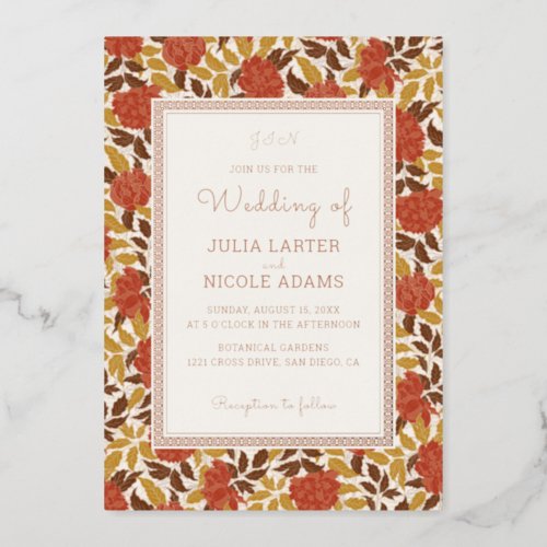 Dusty Brunt Orange Peony Flowers Fall Wedding Foil Invitation