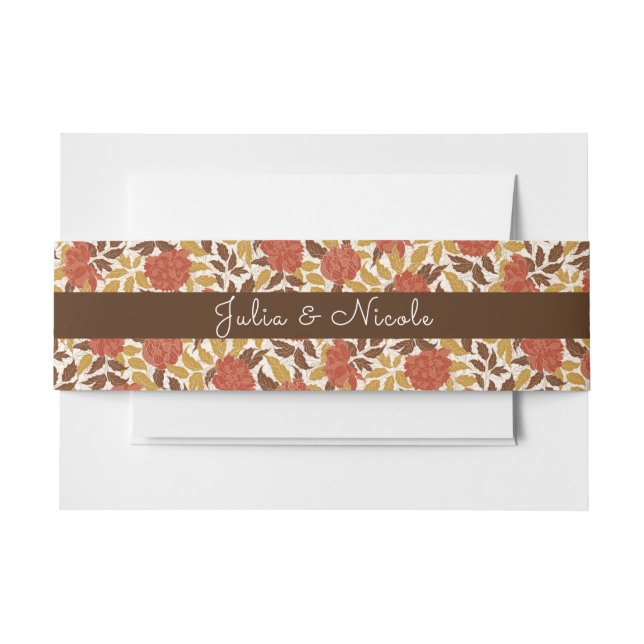 Dusty Brunt Orange Peony Flowers Fall Wedding Invitation Belly Band (Front Example)
