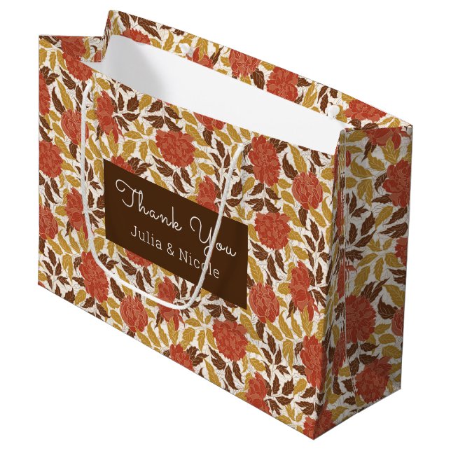 Dusty Brunt Orange Peony Flowers Fall Wedding Large Gift Bag (Front Angled)
