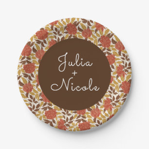 Dusty Brunt Orange Peony Flowers Fall Wedding Paper Plates