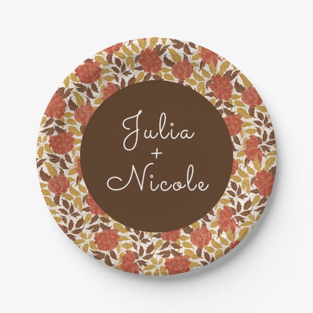 Dusty Brunt Orange Peony Flowers Fall Wedding Paper Plates (Front)