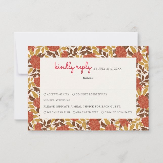 Dusty Brunt Orange Peony Flowers Fall Wedding RSVP Card (Front)