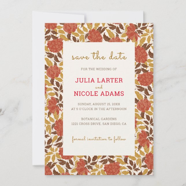 Dusty Brunt Orange Peony Flowers Fall Wedding Save The Date (Front)