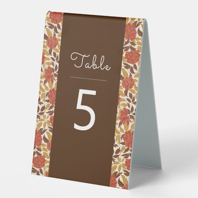 Dusty Brunt Orange Peony Flowers Fall Wedding Table Tent (Front)