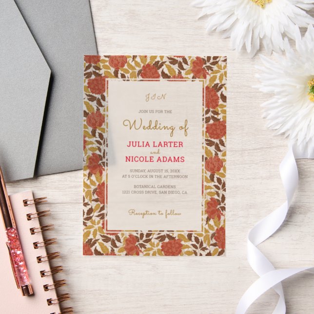 Dusty Brunt Orange Peony Flowers Fall Wedding Vellum Invitations (Wedding)