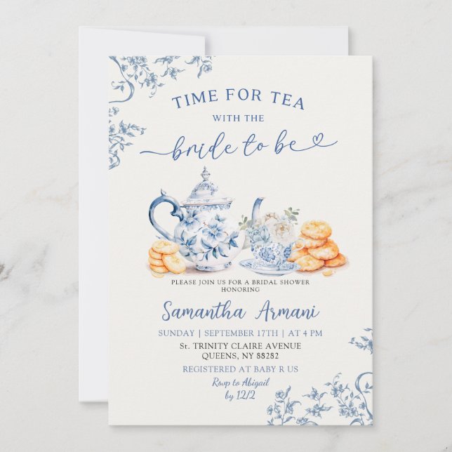 Dusty Bue Chinoiserie Bridal Shower Tea Party Invitation (Front)