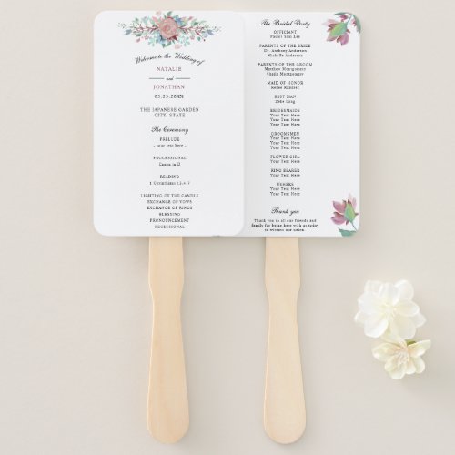 dusty burgundy floral watercolor wedding program hand fan