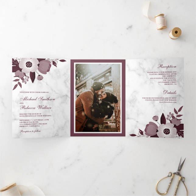 Dusty Burgundy Floral White Marble Photo Wedding Tri-Fold Invitation (Inside)