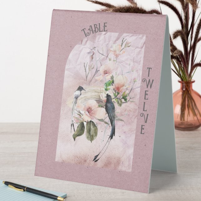Dusty Burgundy Magnolia Blossoms and Birds Table Tent (In SItu (Table))