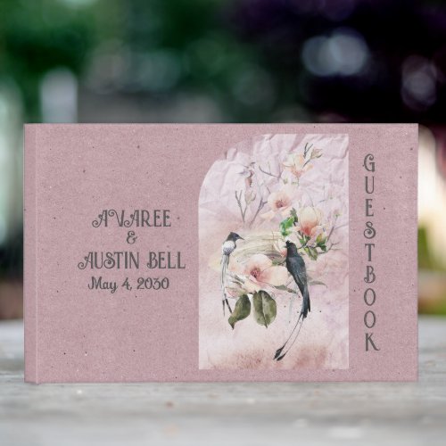 Dusty Burgundy Magnolia Blossoms and Birds Wedding Guest Book