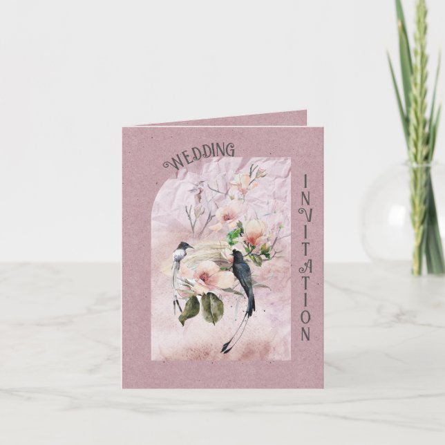 Dusty Burgundy Magnolia Blossoms and Birds Wedding Invitation (Front)