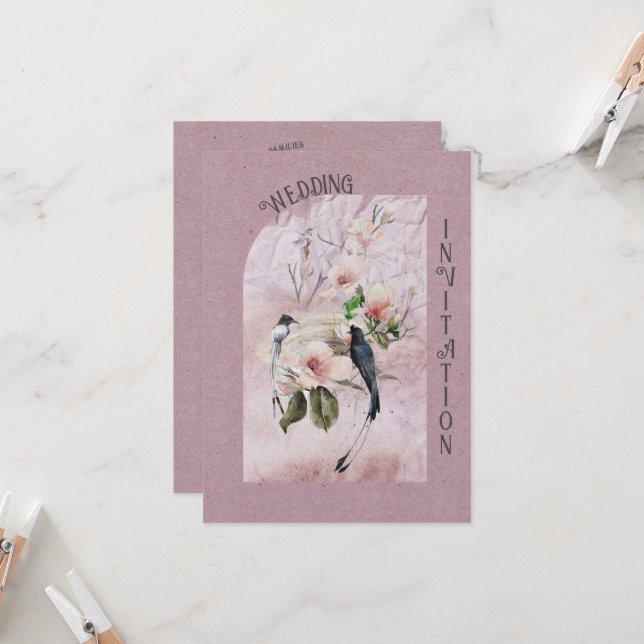 Dusty Burgundy Magnolia Blossoms and Birds Wedding Invitation (Front/Back In Situ)